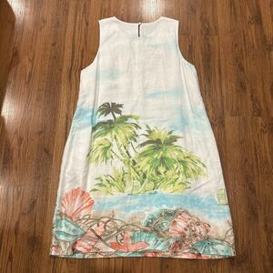 J. Jill Love Linen Dress Womens Large Palm Tree Sleeveless Pockets Tropical
